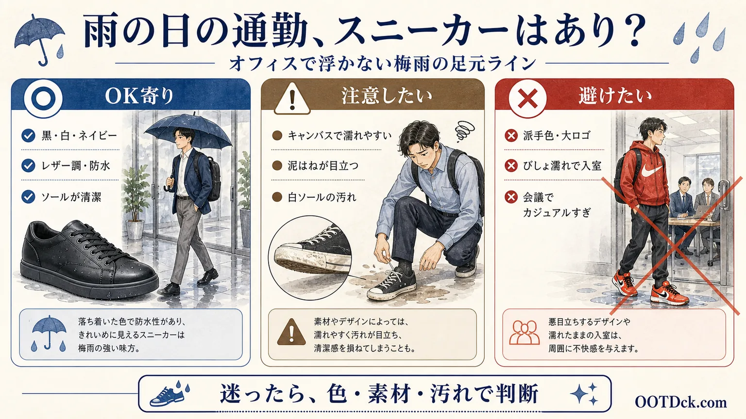 雨の日の通勤でスニーカーはありか、オフィスで浮かない梅雨の足元ラインをまとめたインフォグラフィック