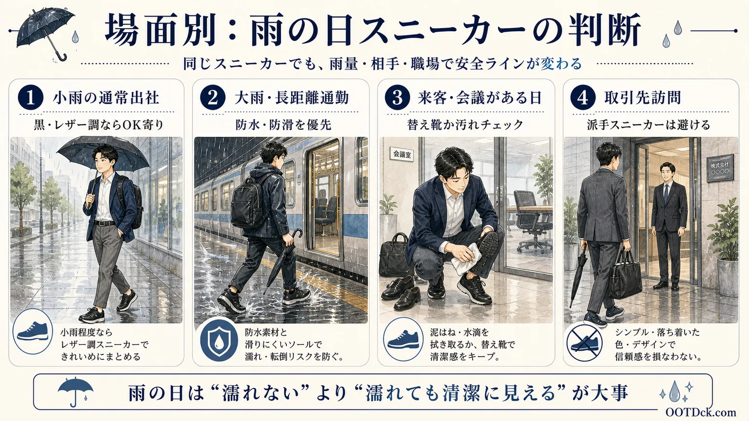 小雨、大雨、来客や会議、取引先訪問で雨の日スニーカーをどう判断するかをまとめたインフォグラフィック