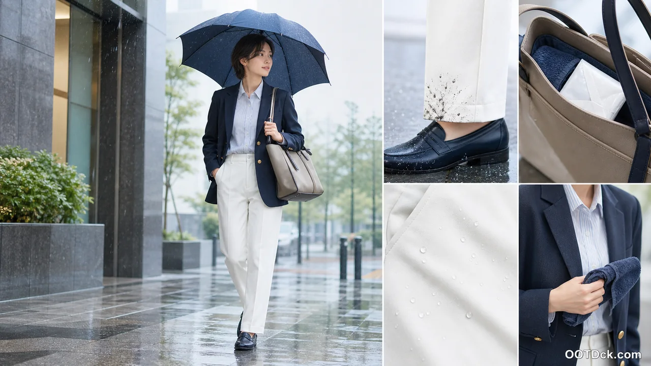 雨の日の通勤で白・淡色パンツと黒い雨対応靴を合わせるオフィスカジュアルの判断画像