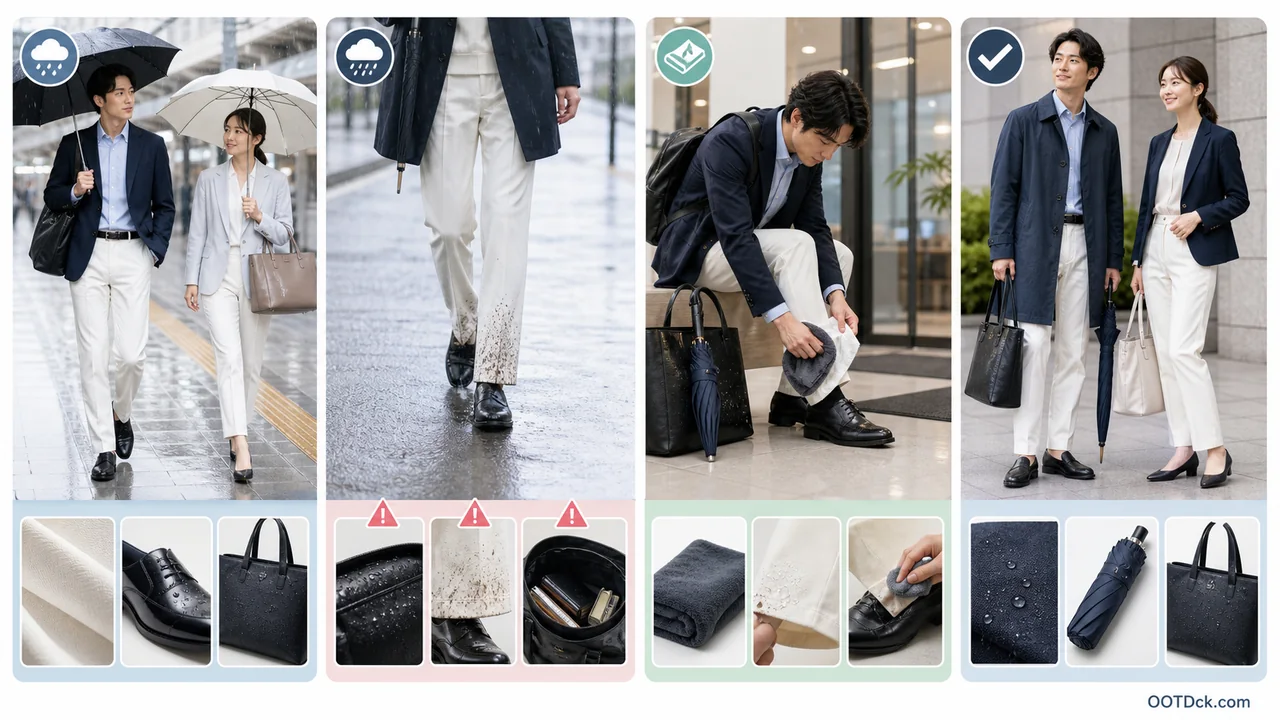 雨の日の白・淡色パンツ通勤で泥はね、裾ケア、雨対応靴、オフィス入口の整え方を示すガイド画像