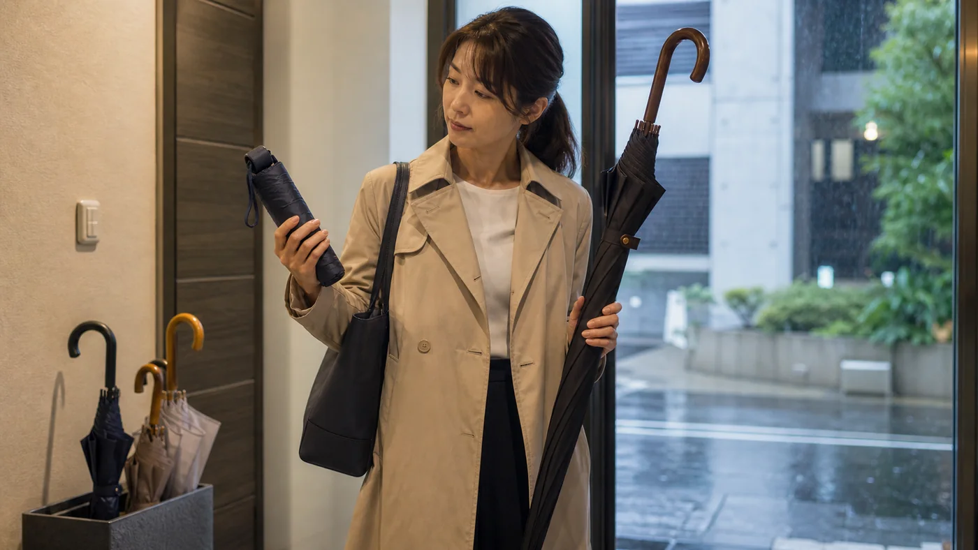 雨の朝の日本の玄関で軽量な折りたたみ雨傘と木製ハンドルの長傘を比較する通勤女性