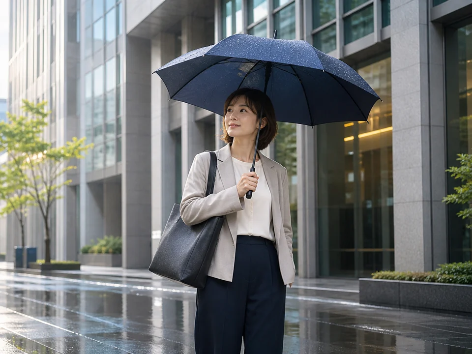 梅雨前の通勤で晴雨兼用傘を自然に使う安全ラインの画像