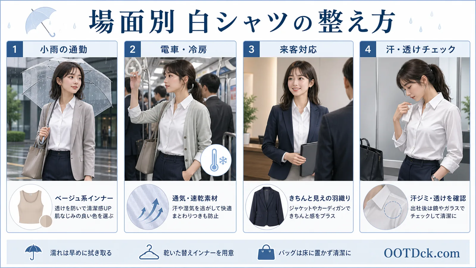 小雨の通勤、電車と冷房、来客対応、汗と透けチェックで白シャツを整える方法をまとめたインフォグラフィック