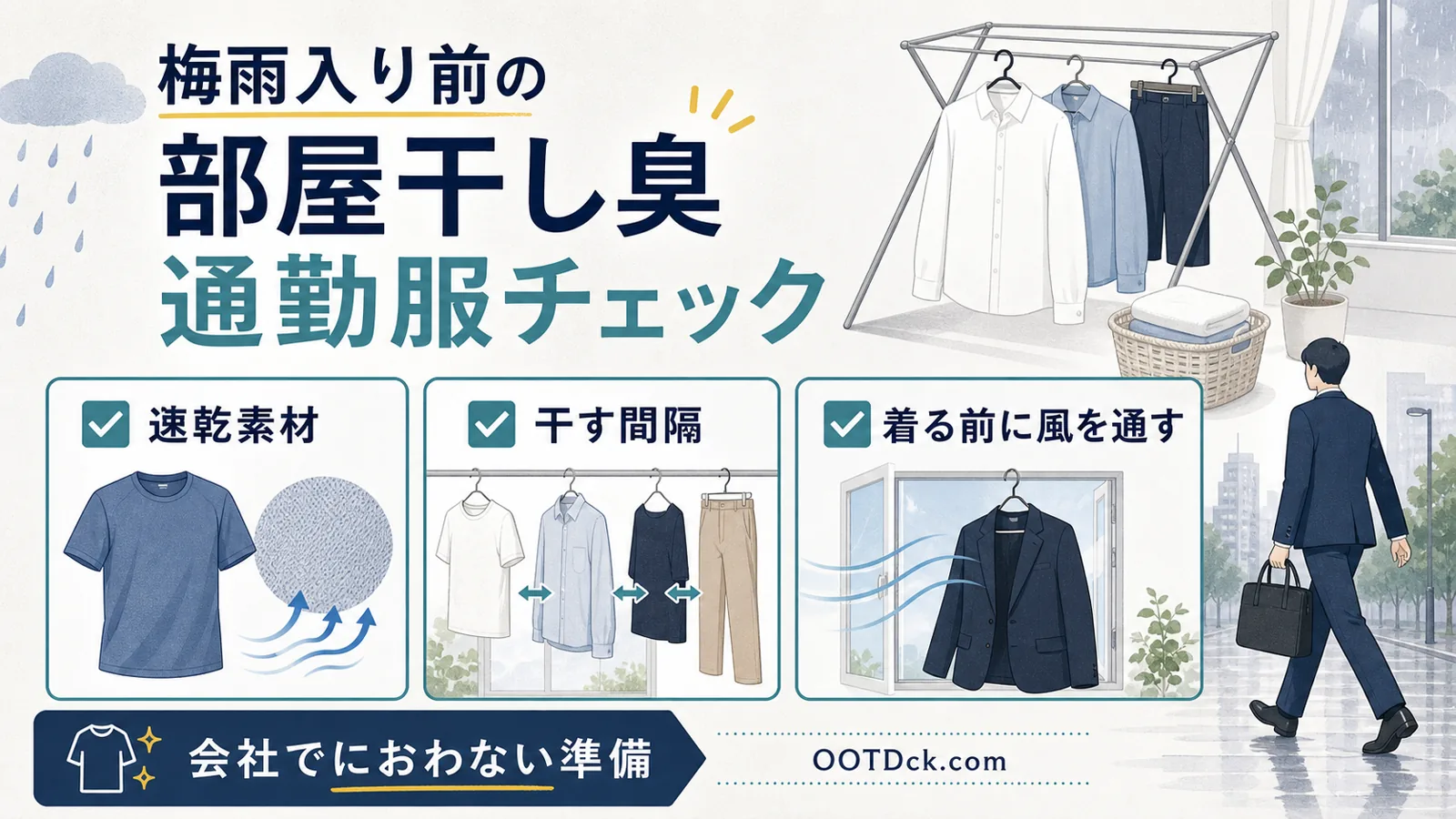 梅雨の通勤服で雨と湿気と部屋干し臭に備えるためのインフォグラフィック