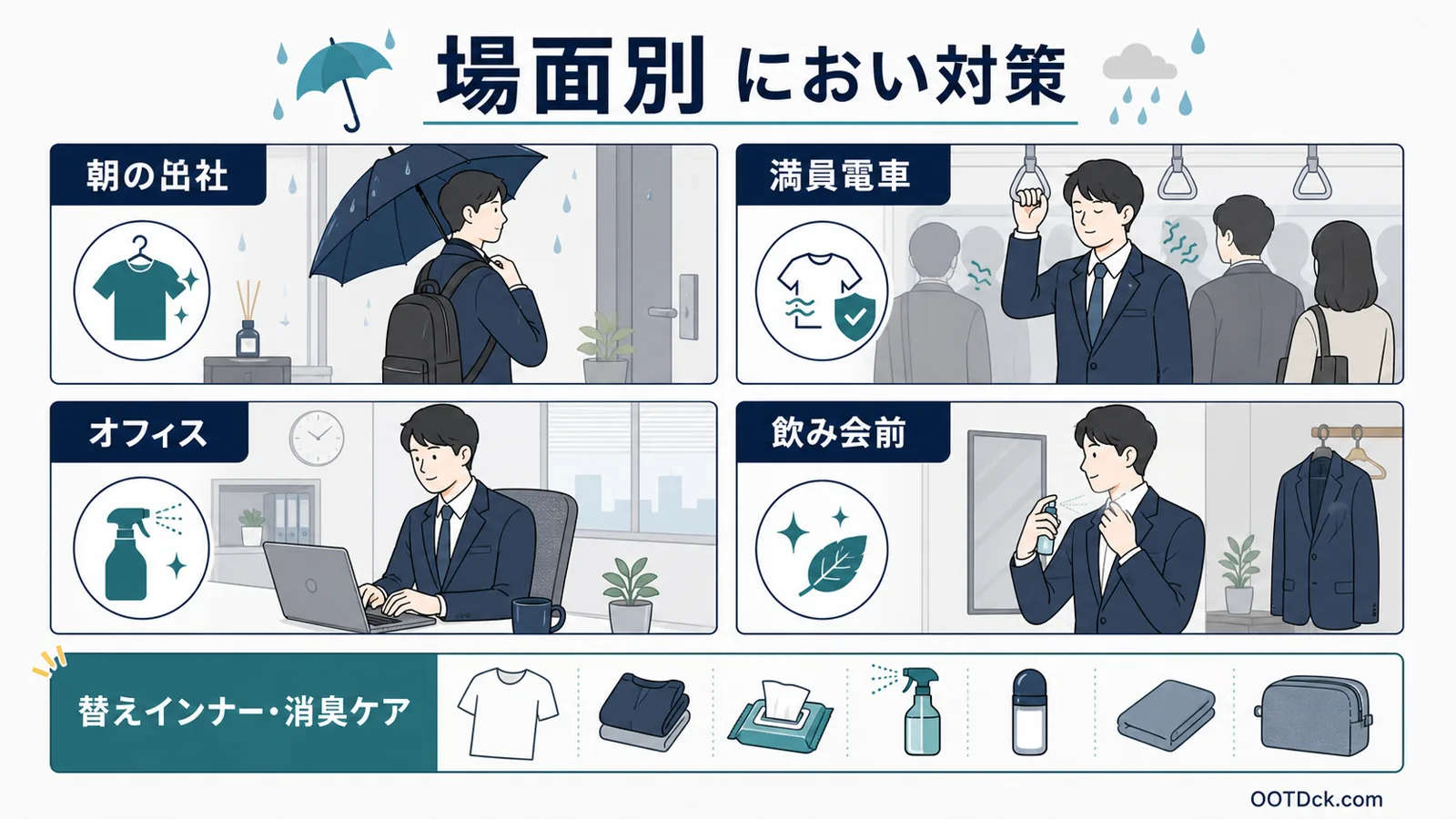 朝の出社、満員電車、オフィス、飲み会前で通勤服のにおい対策を整理したインフォグラフィック