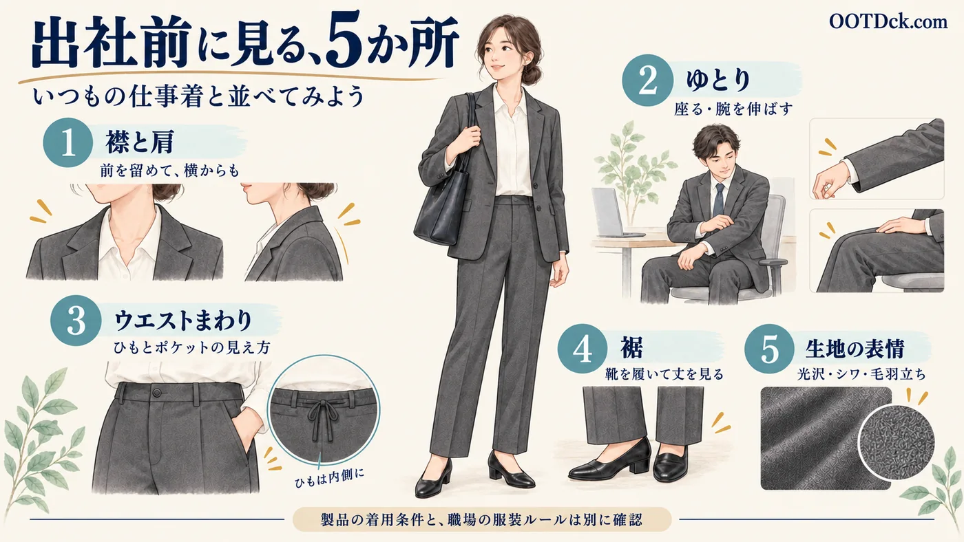 出社前に襟と肩、ゆとり、ウエストとポケット、裾、生地の表情を確認する5項目の服装ガイド