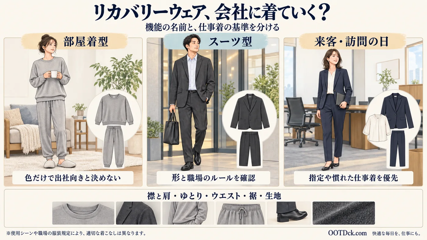 リカバリーウェアの部屋着型、仕事向けのスーツ型、来客日に使う手持ちの仕事着を分けて考える編集部のイラスト