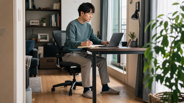 清潔で全身の感覚がそろう服に着替えて自宅で仕事をする日本の会社員