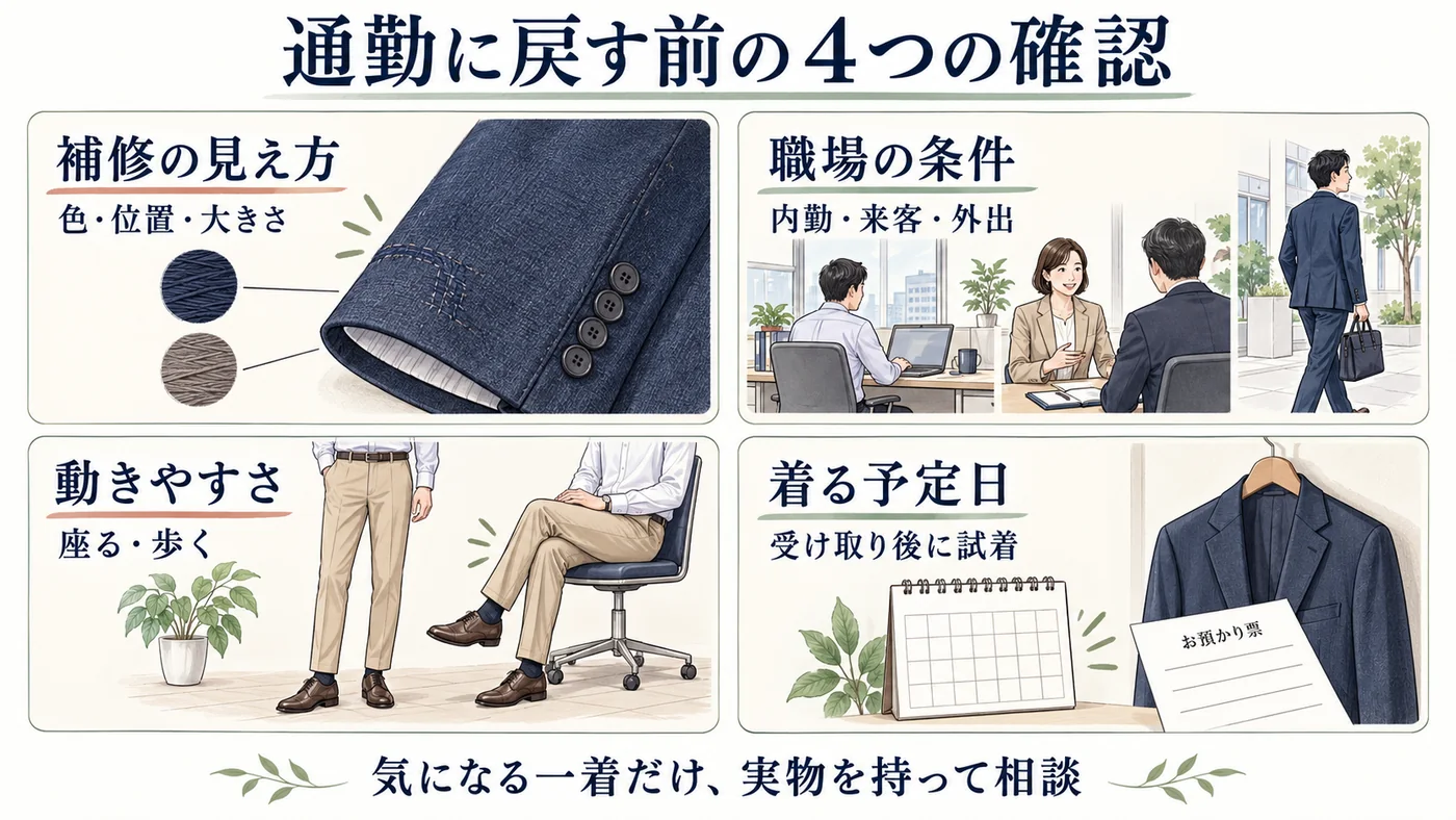 リペア後の服を着る前に、補修の見え方、職場の条件、動きやすさ、着る予定日を確認する四項目の図