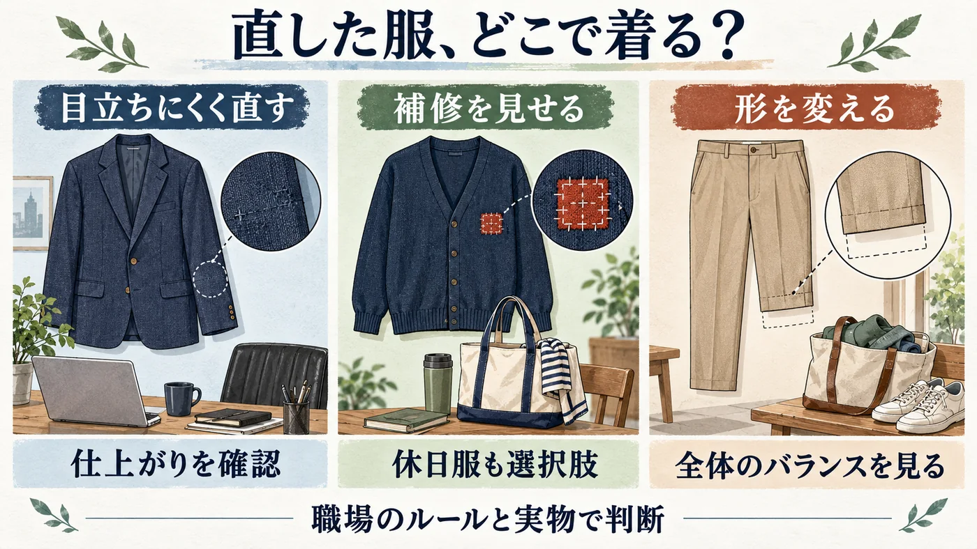 目立ちにくい補修、見せる刺繍やリメイク、形を変えるお直しの三例から、仕事や休日での着方を考える図