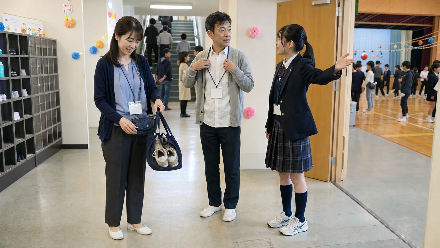 日本の高校文化祭の校内で、保護者証を着けた40代の男女が、安定した室内履きを履き、外靴を専用袋へ入れ、カーディガンと小さな斜め掛けバッグで体育館へ移動する様子