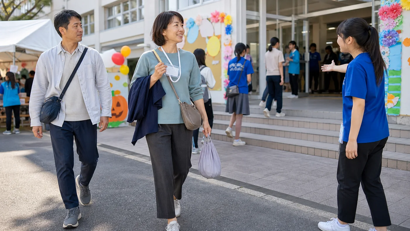 日本の高校文化祭で、くすみブルーのトップスとチャコールパンツ、歩きやすい靴、小さな斜め掛けバッグを身に着けた40代の保護者が、保護者証と上履き袋を持って校舎入口へ向かう様子