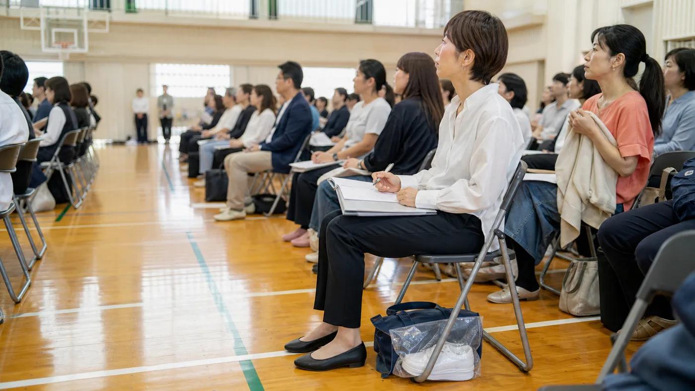 学校の体育館で説明を聞きながら資料へメモを取る日本人保護者