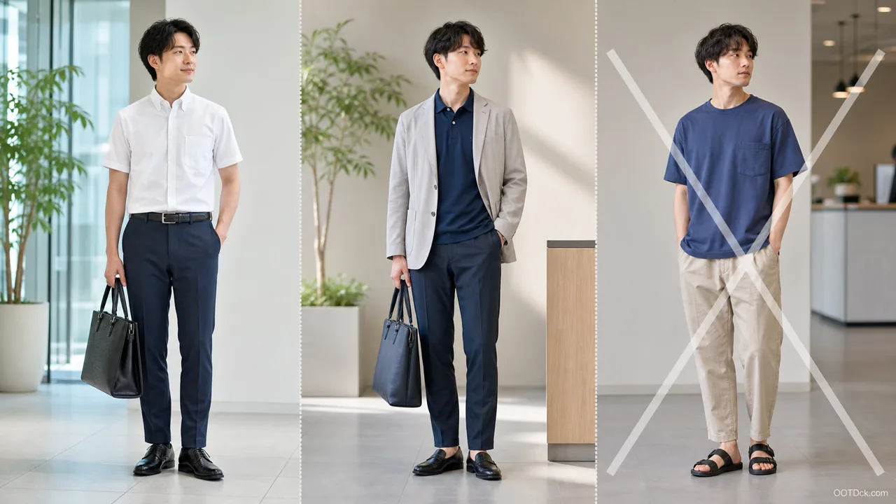 新入社員のクールビズで半袖シャツとポロシャツと避けたいカジュアル服の安全ラインを比較した画像