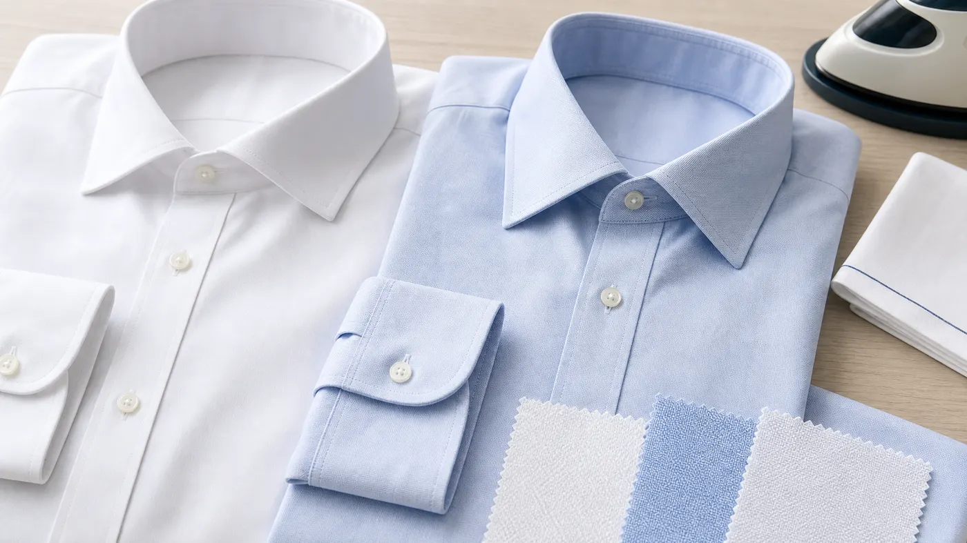 シャツの襟、袖口、前立て、ボタン、織りの違いを会社服目線で確認する画像