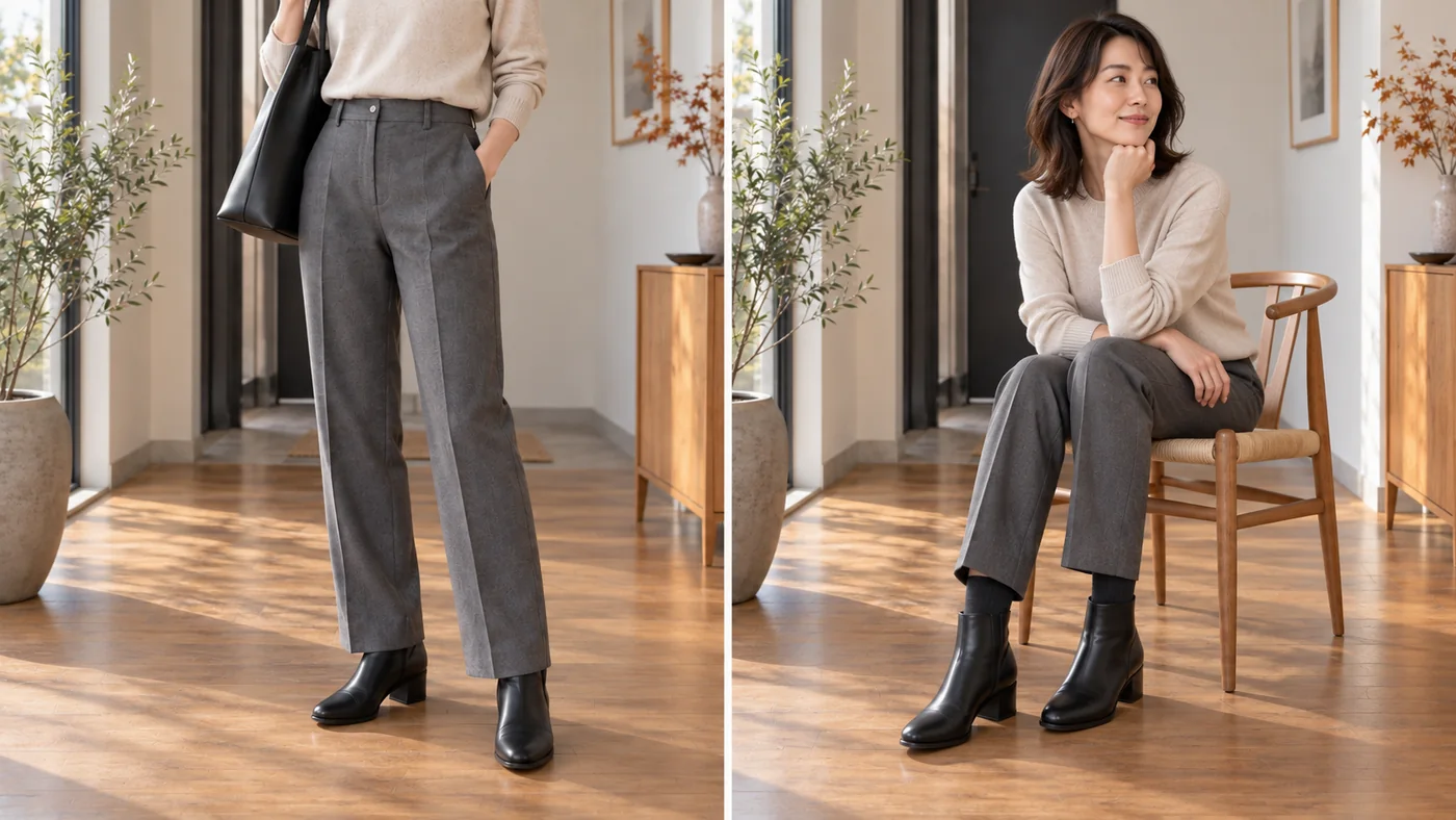 同じストレートパンツと黒いショートブーツで、立った姿と椅子に座って裾が上がる姿を比べたAI生成例