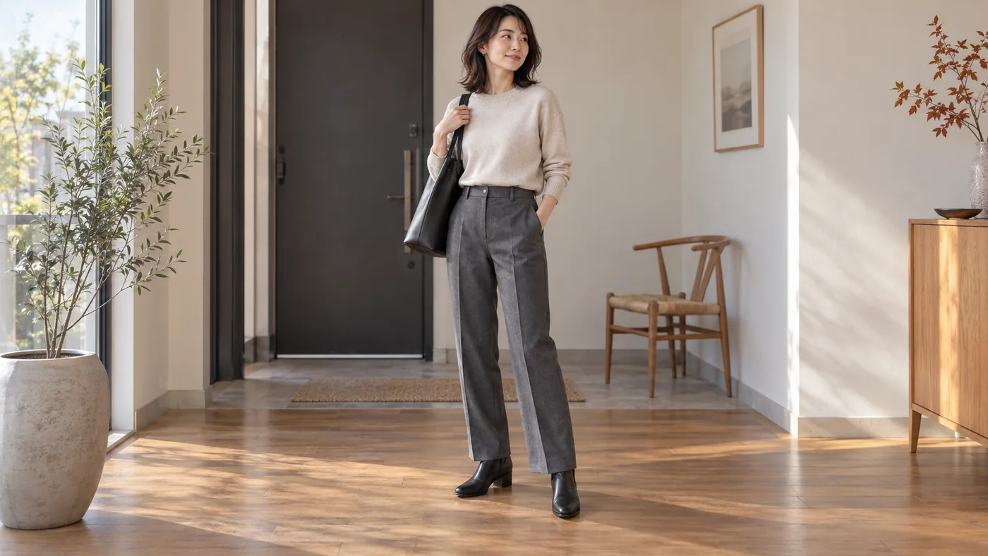 チャコールのストレートパンツの裾を黒いショートブーツの外へ下ろした、秋の通勤コーデのAI生成例