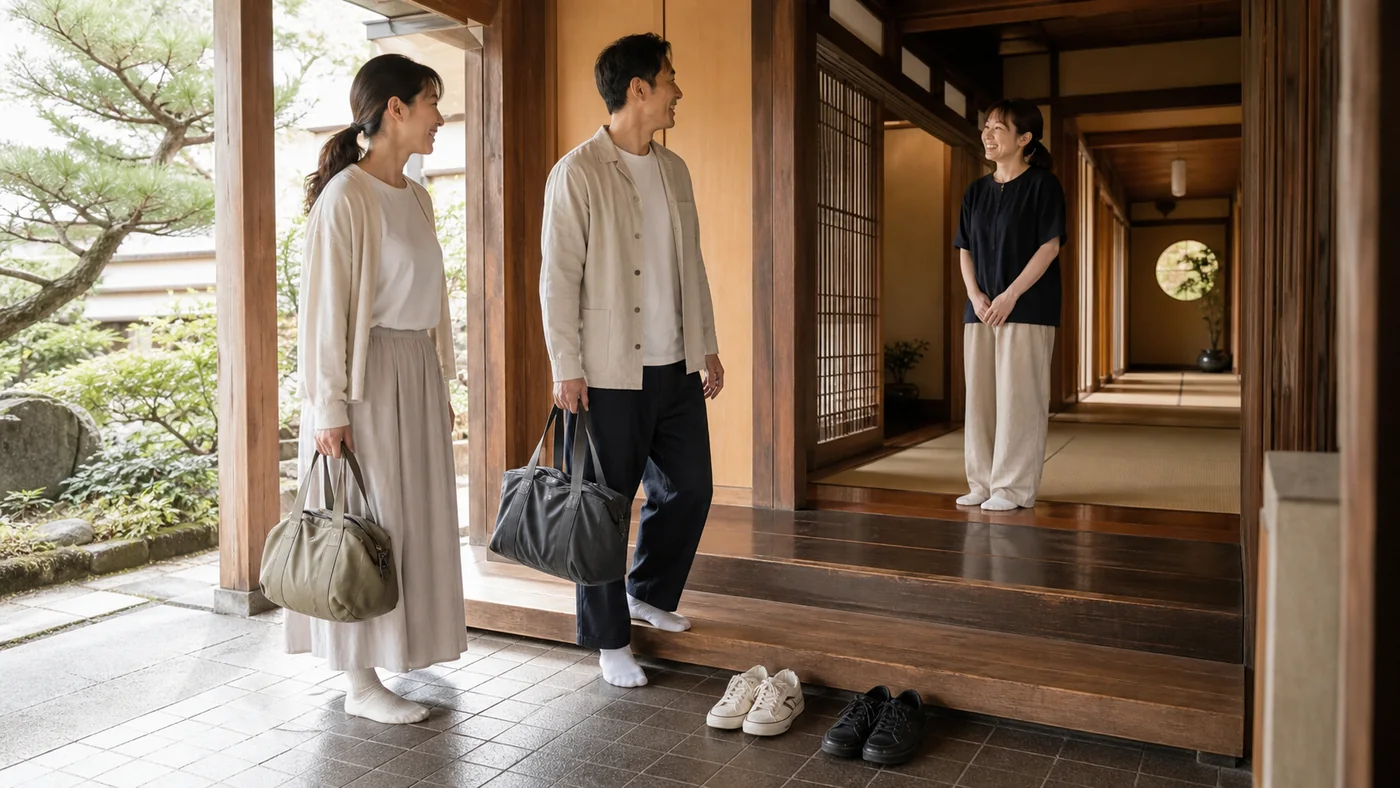 日本の宿坊の玄関で脱ぎ履きしやすい靴をそろえ長いパンツやスカートの控えめな旅行服で到着する大人の宿泊客