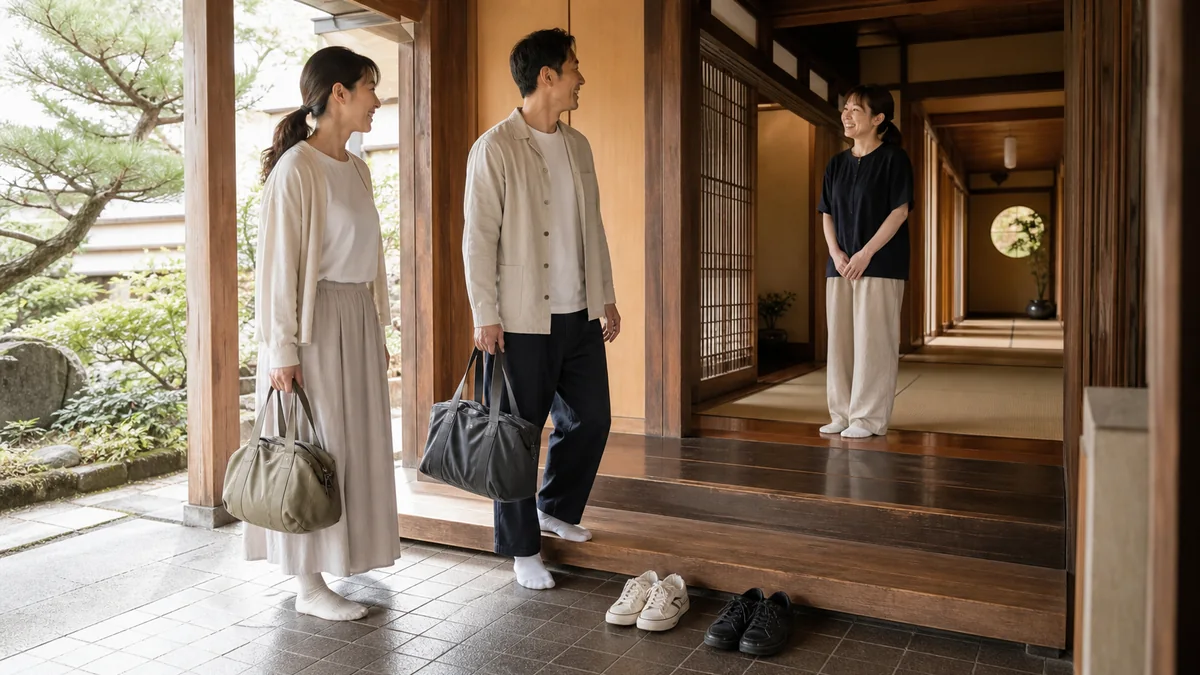 日本の宿坊の玄関で控えめな旅行服と脱ぎ履きしやすい靴を準備する大人の宿泊客