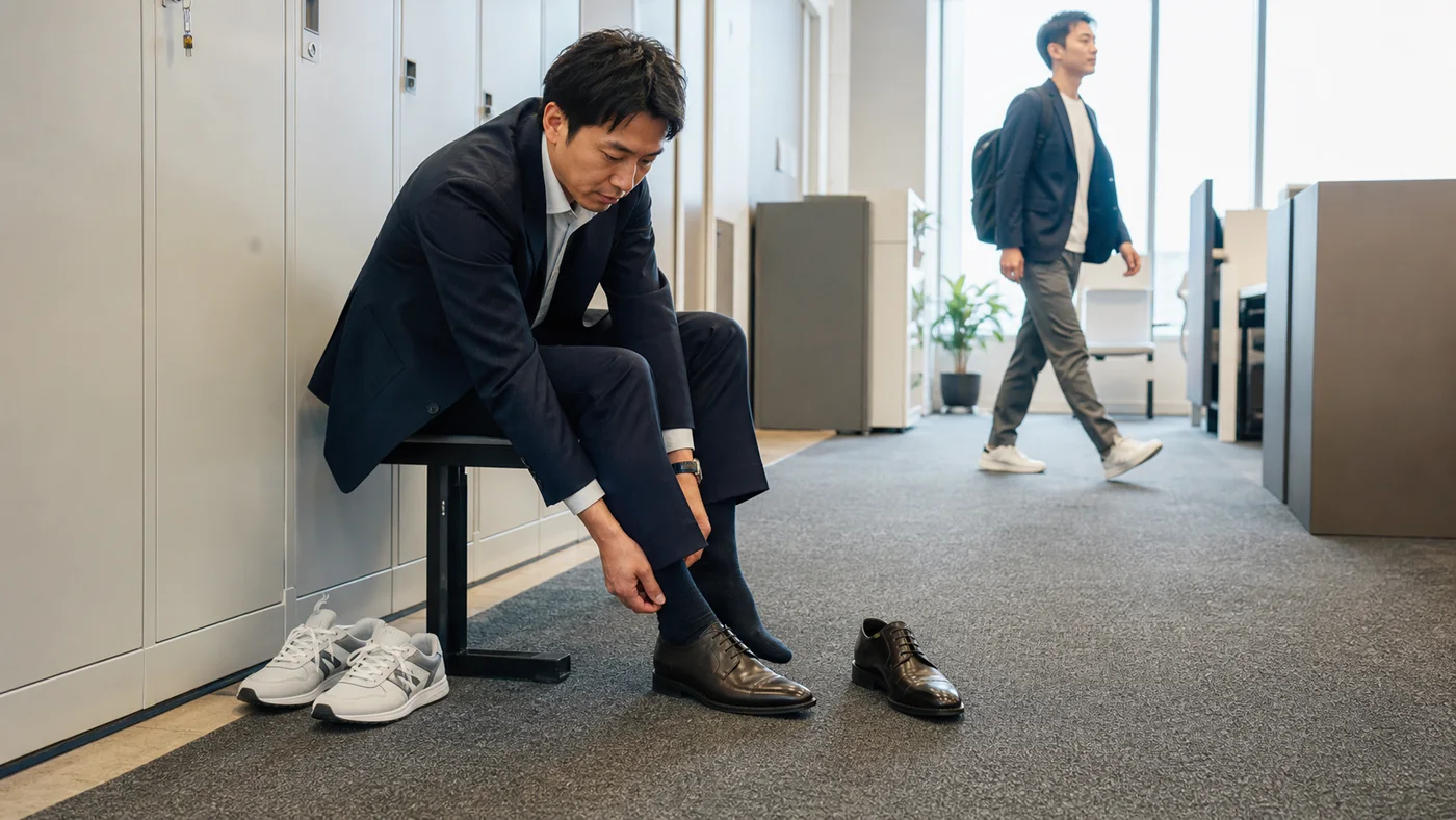 会社の入口で通勤用スニーカーから業務用の革靴へ履き替える日本人会社員