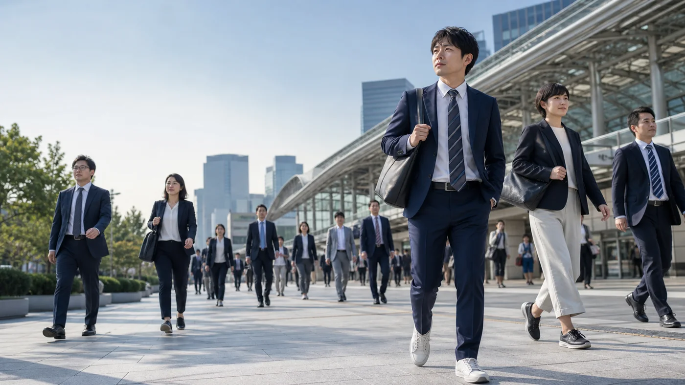 東京の駅前をスーツと歩きやすいスニーカーで通勤する日本人会社員