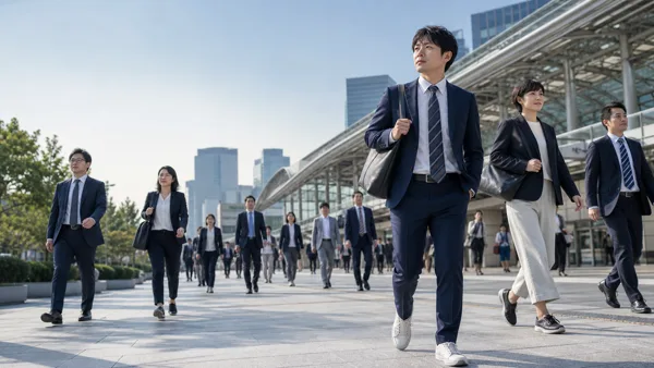 東京の駅前をスーツと歩きやすいスニーカーで通勤する日本人会社員