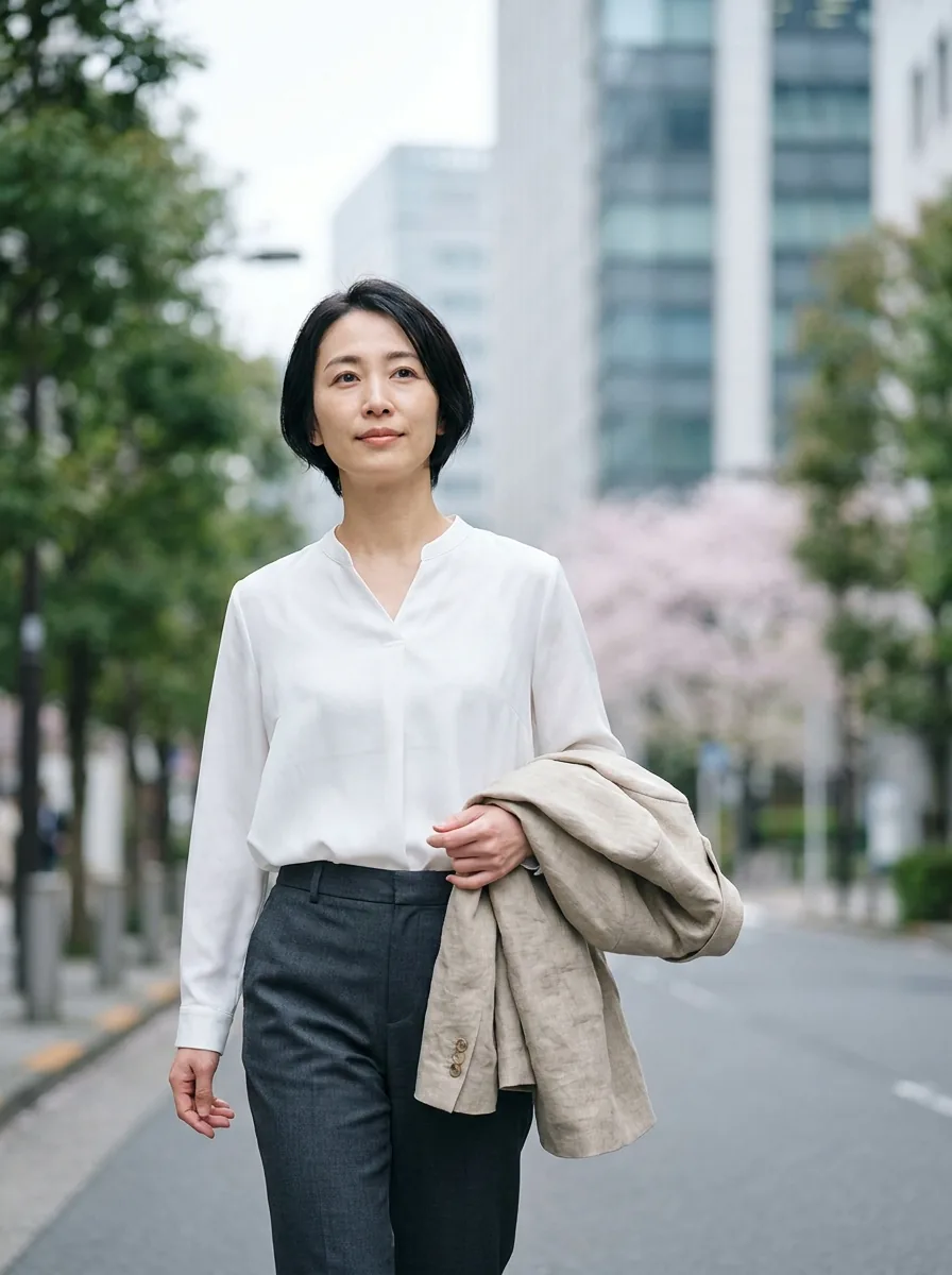 春の通勤で軽やかな服装を選び、駅へ向かう日本の女性会社員