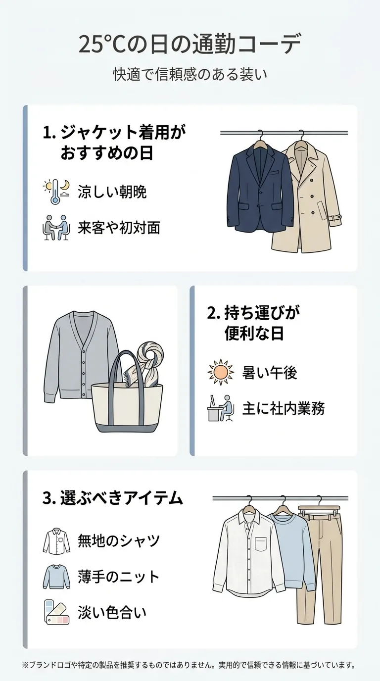 春の通勤で熱中症対策になる服装のポイントを3つに整理した図