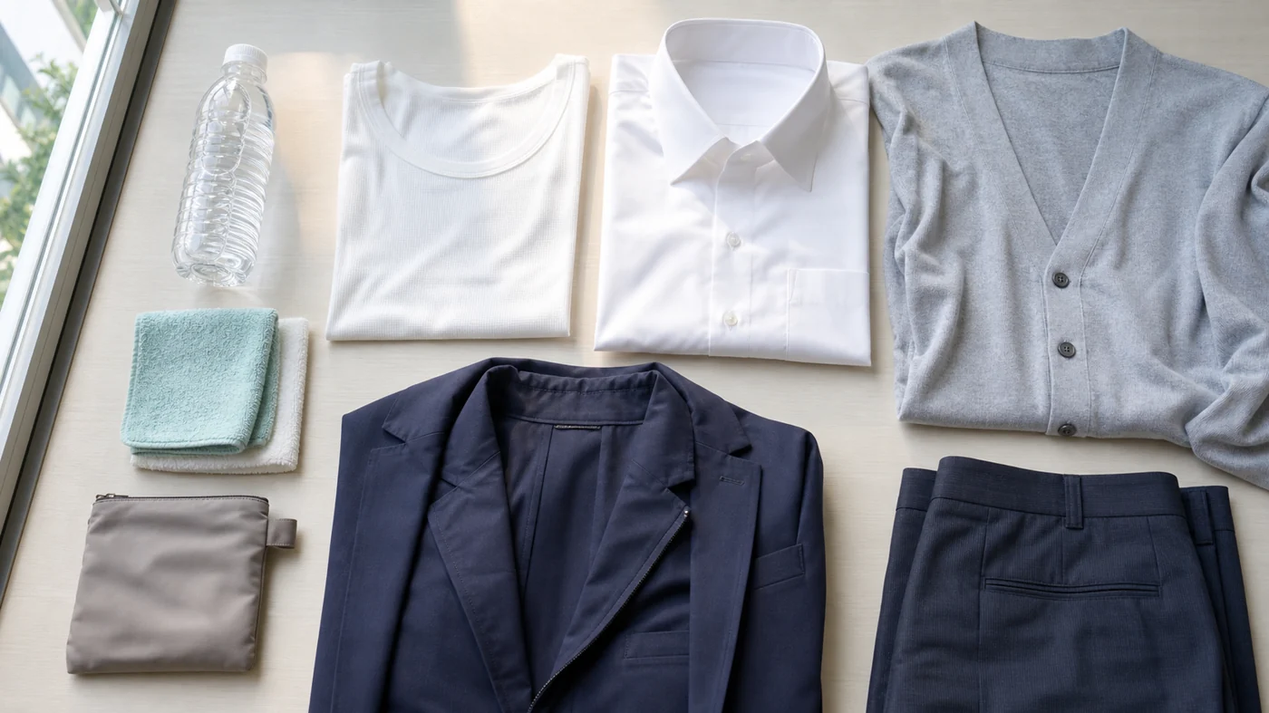 汗冷えしない夏通勤服のための吸汗速乾インナー、白シャツ、薄手カーディガン、軽量ジャケット、タオルハンカチ