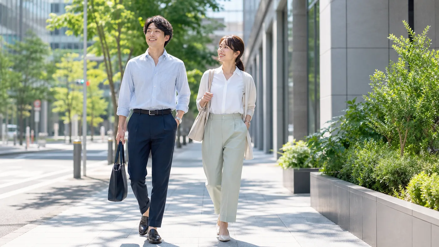 2026年の夏服おすすめとして涼しくきちんと見える通勤服を着た日本の男女