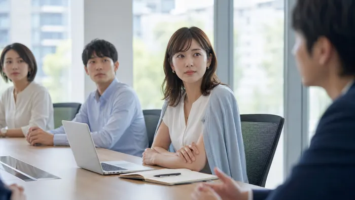 夏の会議室で冷房が寒い日に薄手カーディガンを使って社内会議に出るオフィス服