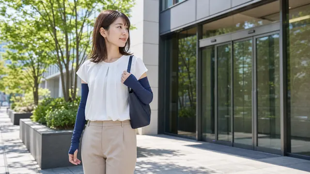 夏の通勤で無地のアームカバーを外してオフィスへ向かう社会人