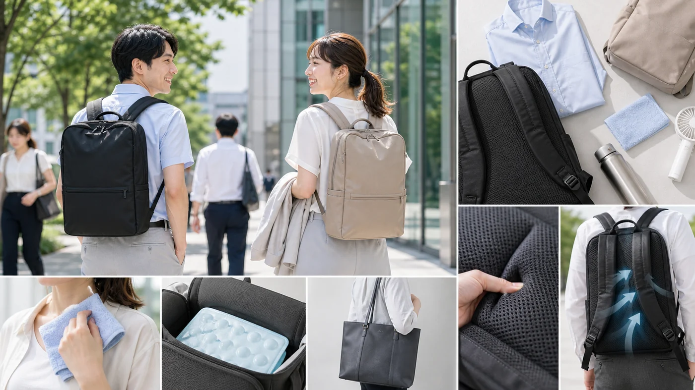 夏の通勤リュックで背中汗を防ぐためのビジネスリュックとシャツ、タオル、冷却小物の比較画像