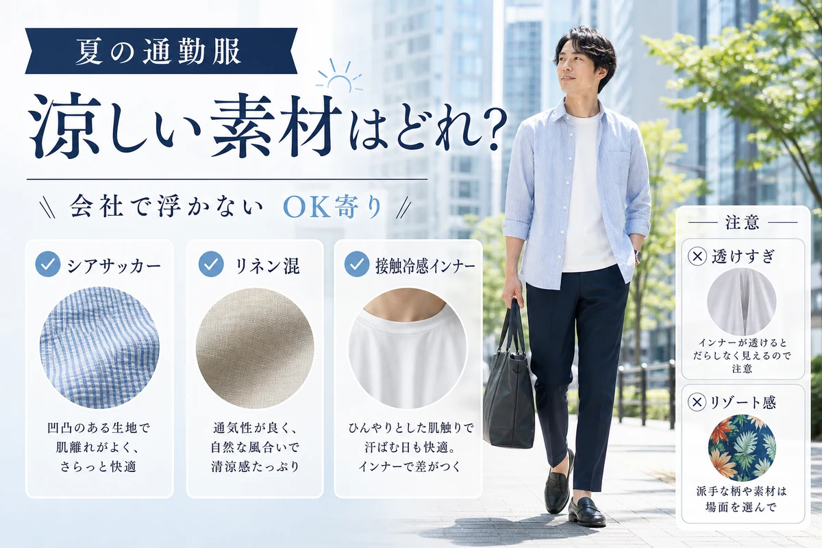 夏の通勤服で会社に浮かない涼しい素材を整理したインフォグラフィック