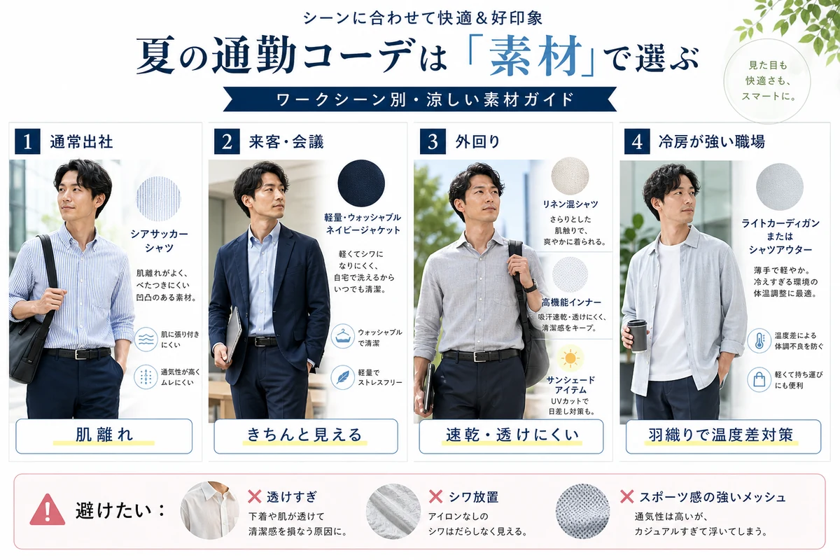 通常出社、来客会議、外回り、冷房が強い職場で使える夏の涼しい素材を整理したインフォグラフィック