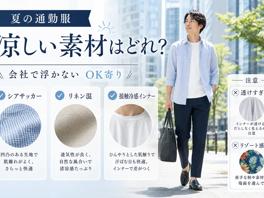 夏の通勤服で会社に浮かない涼しい素材を整理したインフォグラフィック