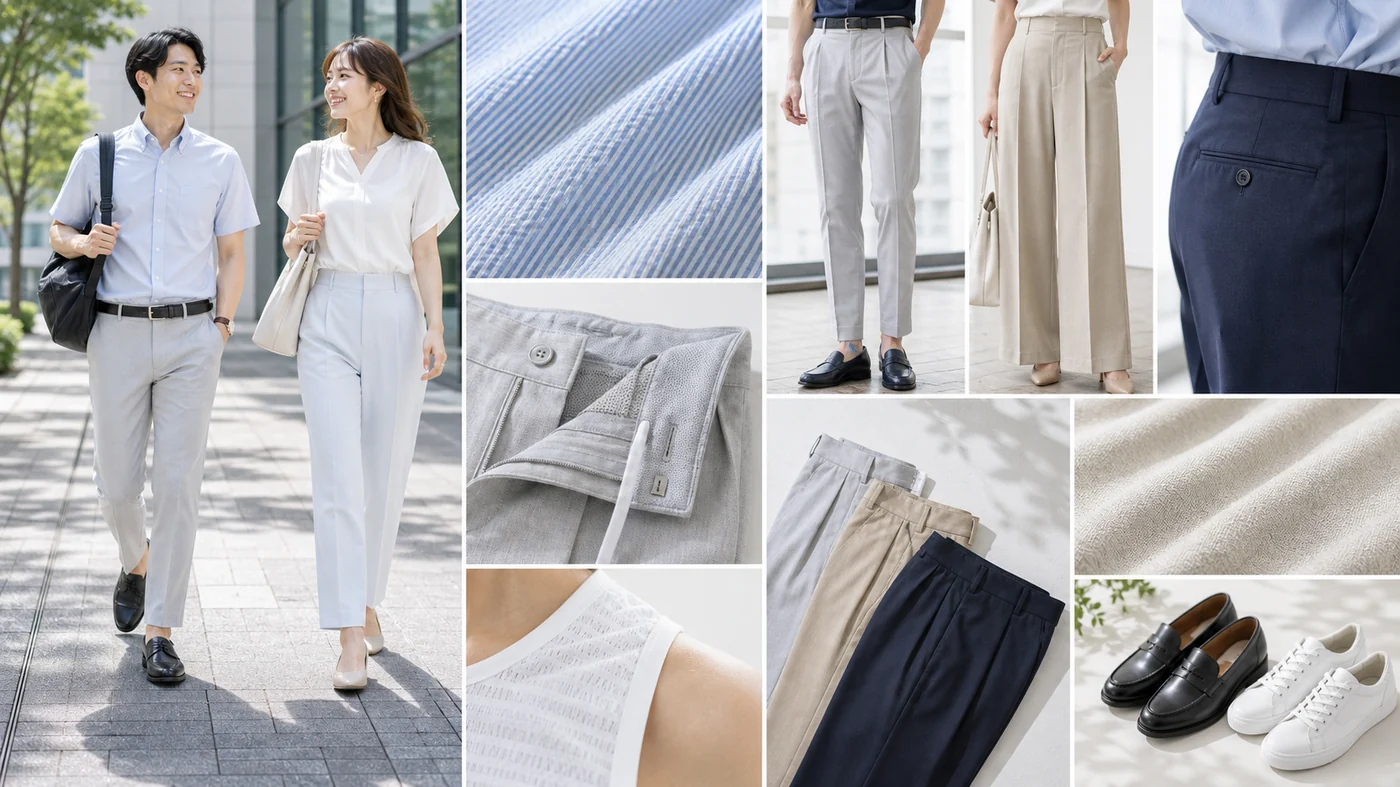 夏の通勤パンツを素材、丈、シルエット、靴合わせで比較するガイド画像