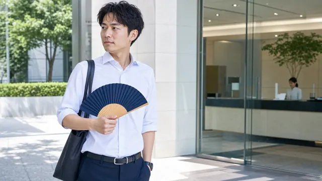 夏の通勤で無地の扇子を使いオフィス入口へ向かう会社員