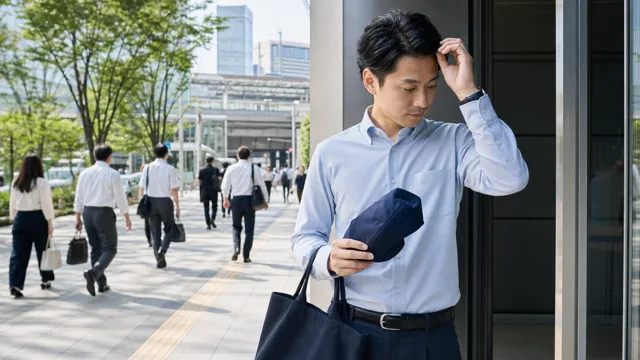 夏の通勤で会社に入る前に帽子を外して髪を整えるオフィス男性