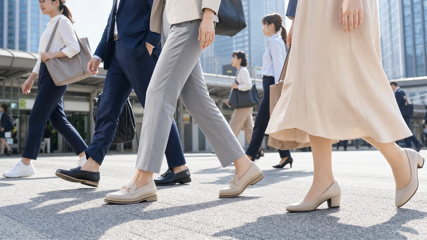 夏の通勤で厚底ローファー、パンプス、スニーカーを履く社会人の足元