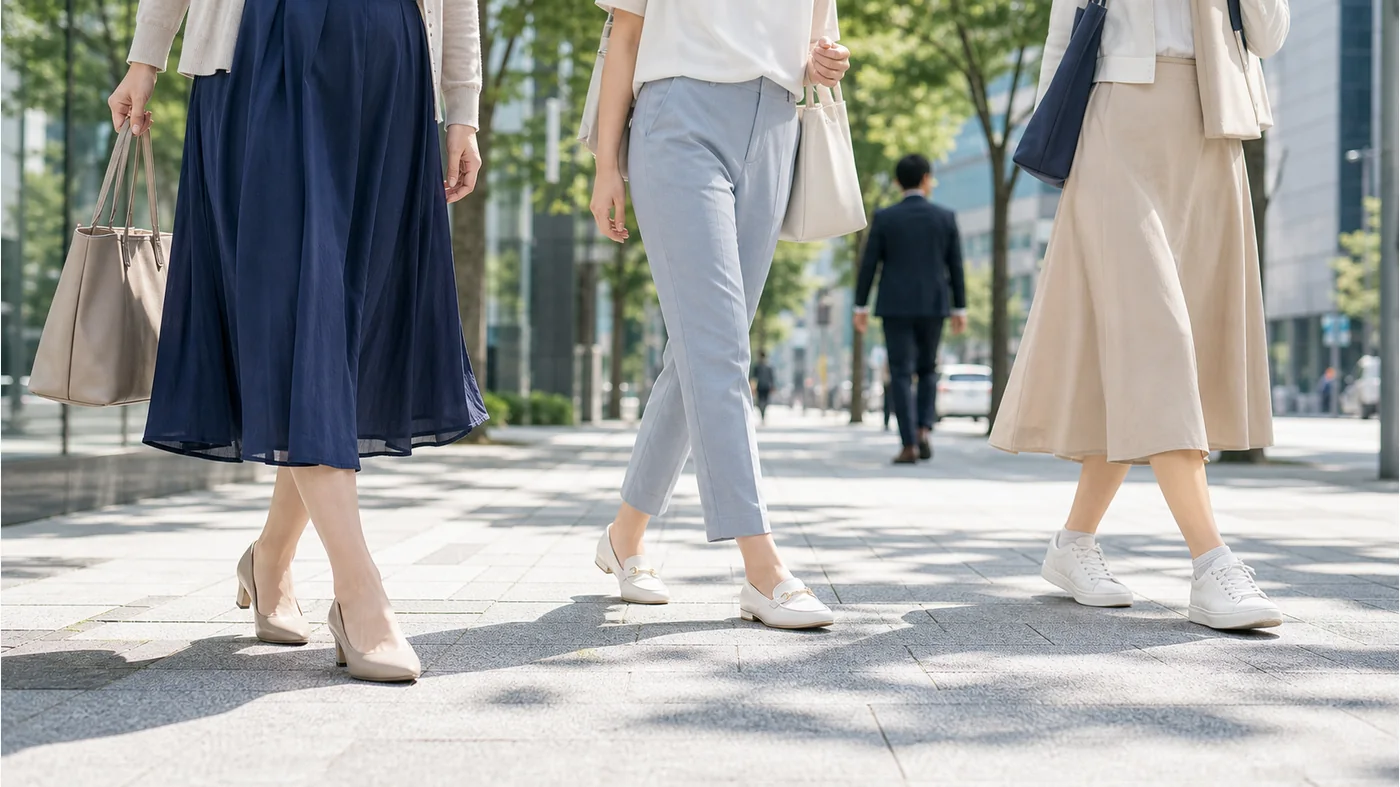 夏の通勤靴をパンプス、ローファー、きれいめスニーカーで選ぶ社会人の足元