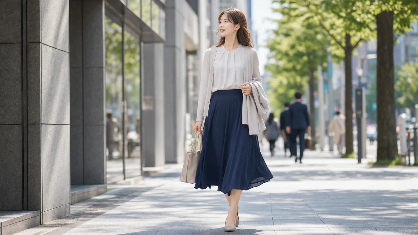 夏の通勤スカートを涼しく上品に着る女性社会人のオフィス通勤コーデ