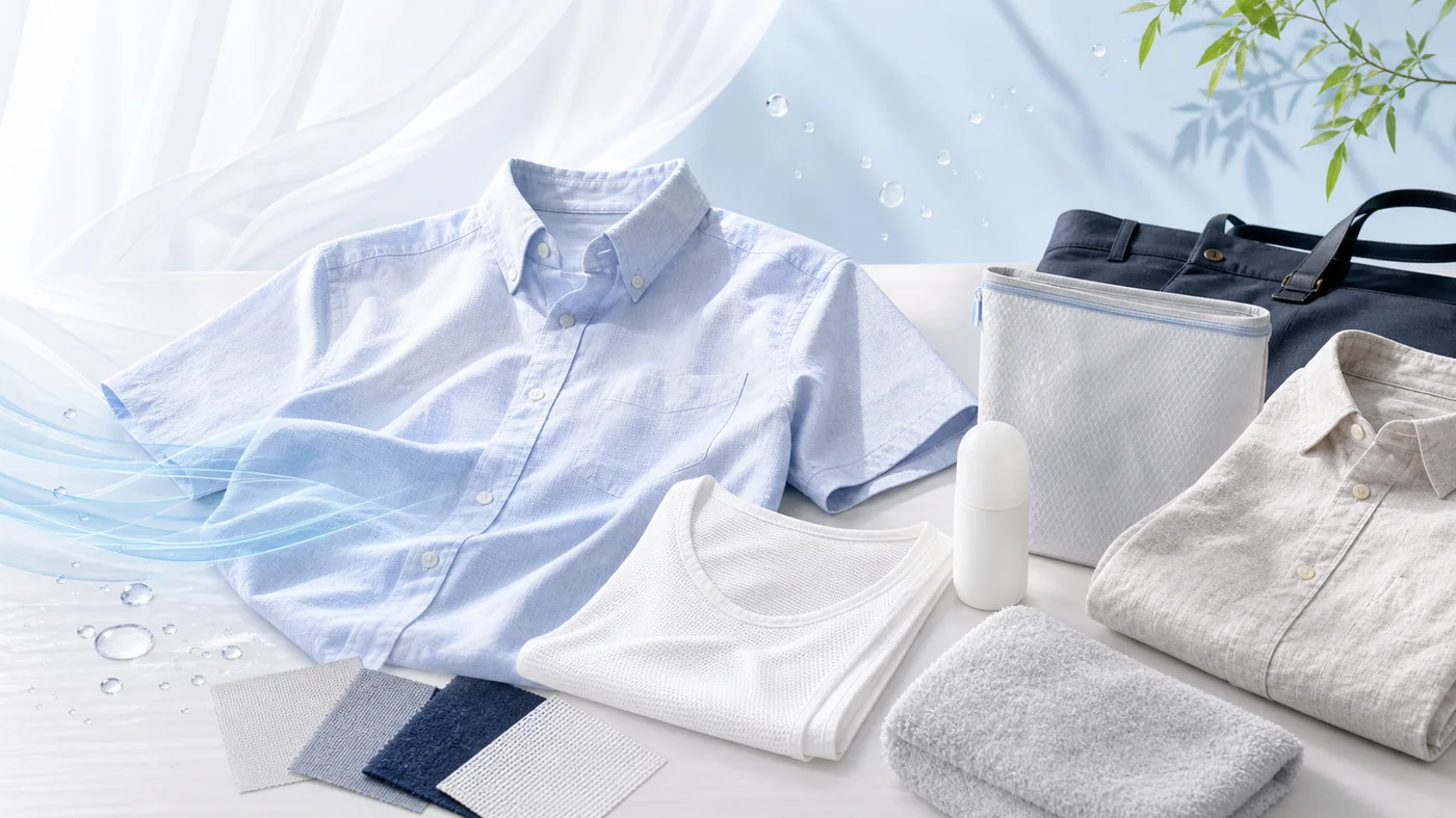 夏の通勤服の汗臭さ対策に使うシャツ、インナー、タオル、消臭小物を並べた画像