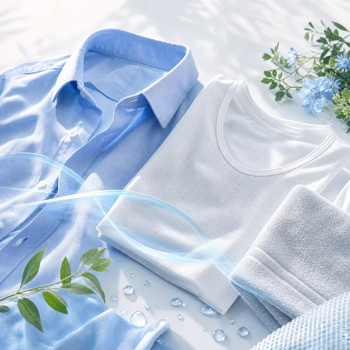 夏の通勤服の汗臭さ対策に使うシャツ、インナー、タオル、消臭小物を並べた画像