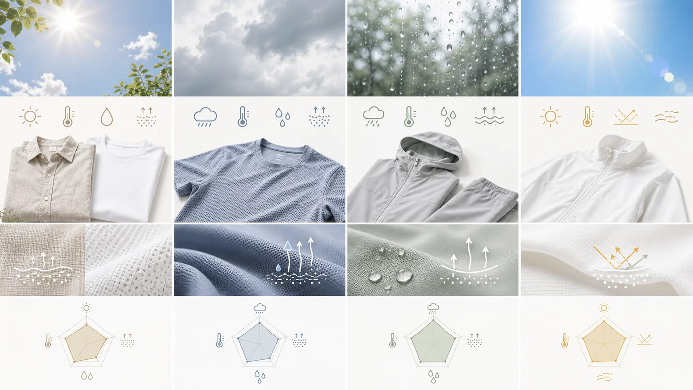 晴れ、蒸し暑い曇り、雨、強い日差しごとの夏服素材を比較した画像