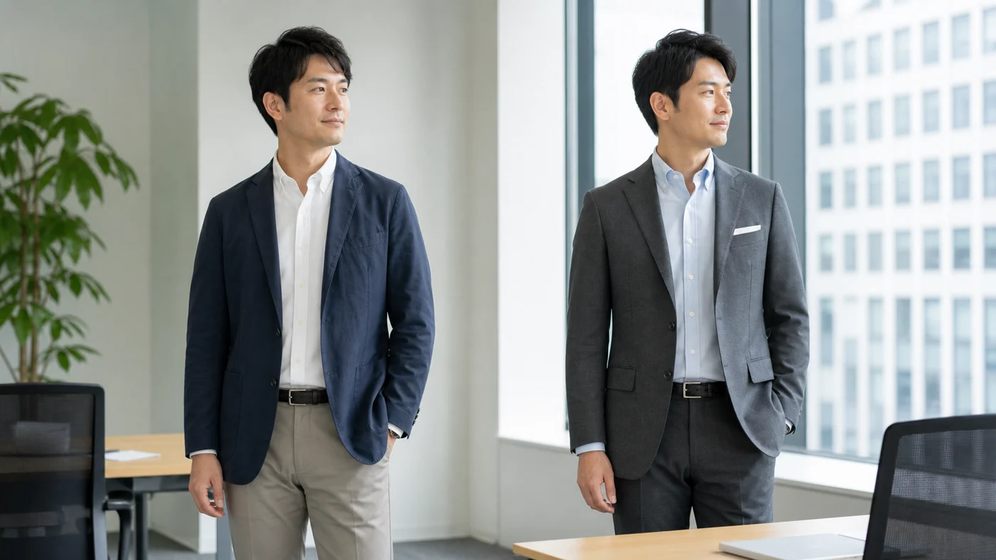 5,000円帯と5万円帯の夏ジャケットを会社TPOで比較するビジネスカジュアルの着こなし
