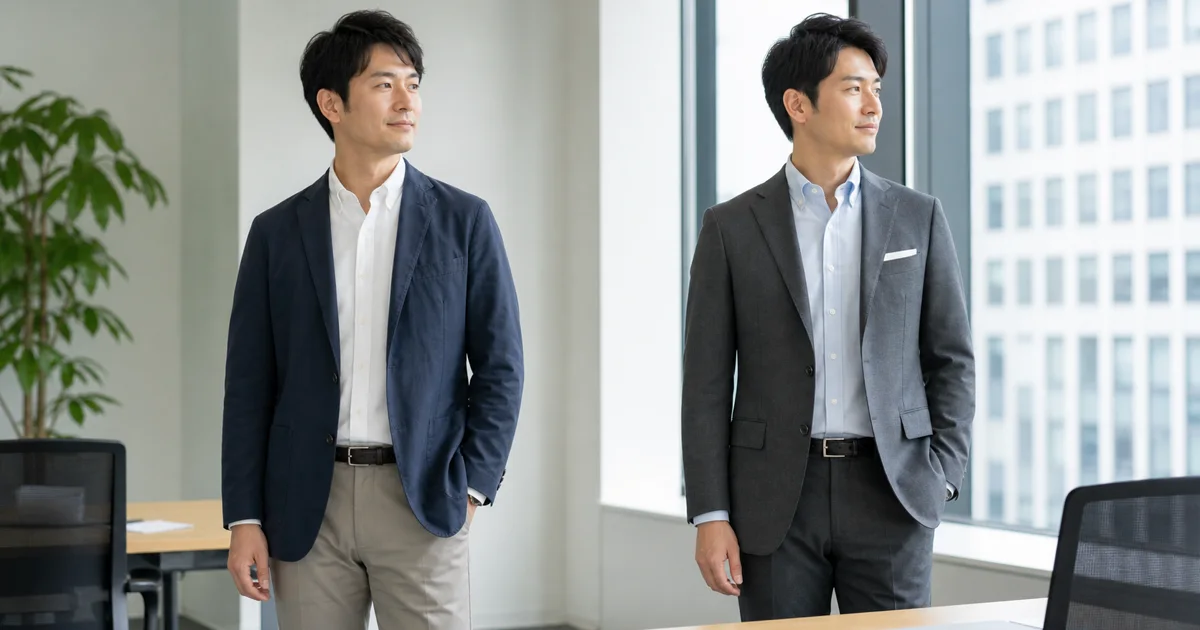 5,000円帯と5万円帯の夏ジャケットを会社TPOで比較するビジネスカジュアルの着こなし