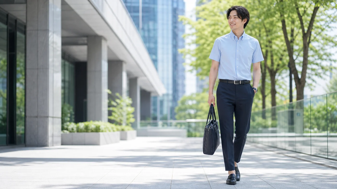 夏のオフィスカジュアルで半袖ビジネスシャツとネイビーパンツを合わせた日本の男性社会人