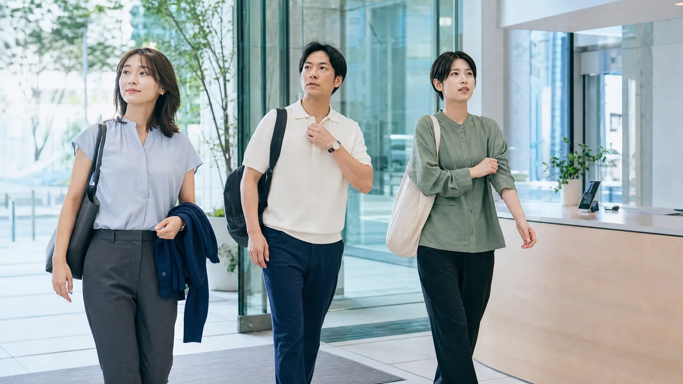 夏の通勤後にオフィス入口で服装を整える会社員3人