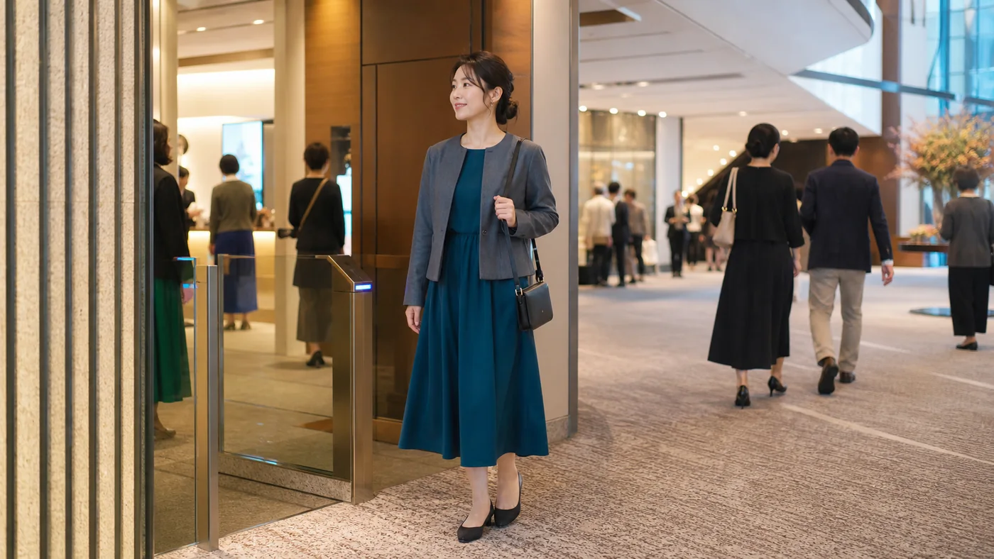 東京の現代的な劇場ロビーで深い青緑のワンピースとグレーのジャケットと小さなバッグを合わせた日本人女性の観劇服
